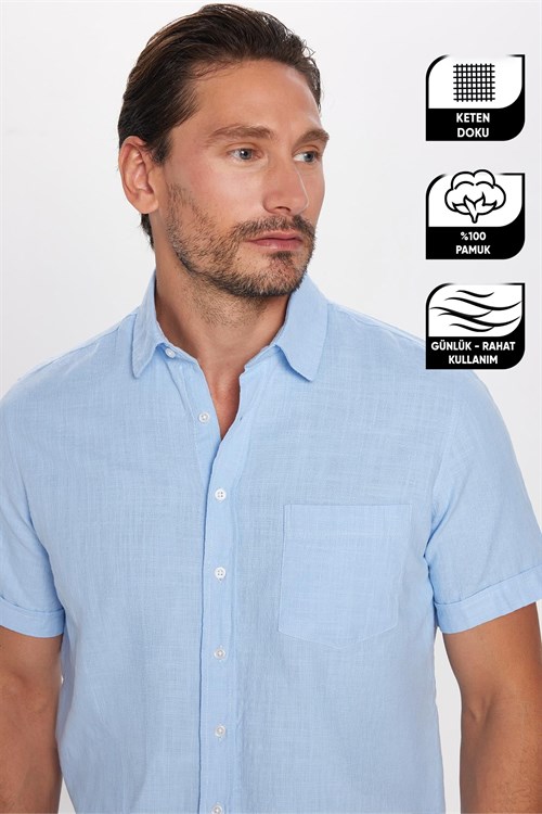 Erkek Regular Fit Klasik Kesim Oversize %100 Pamuk Keten Doku Cepli Mavi Gömlek