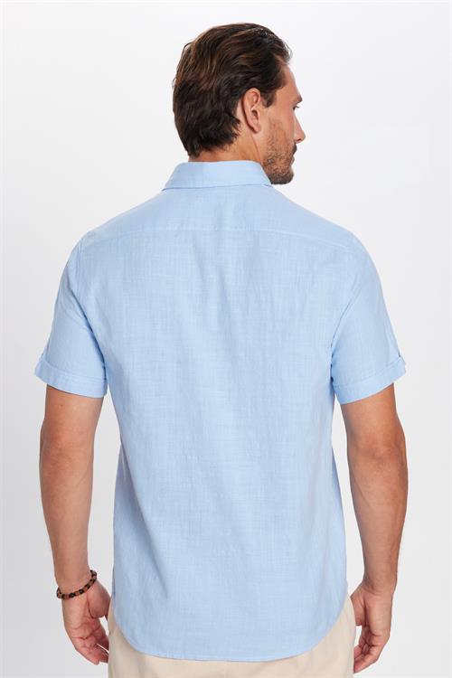 Erkek Regular Fit Klasik Kesim Oversize %100 Pamuk Keten Doku Cepli Mavi Gömlek