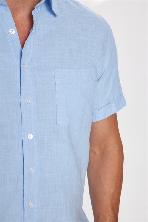 Erkek Regular Fit Klasik Kesim Oversize %100 Pamuk Keten Doku Cepli Mavi Gömlek