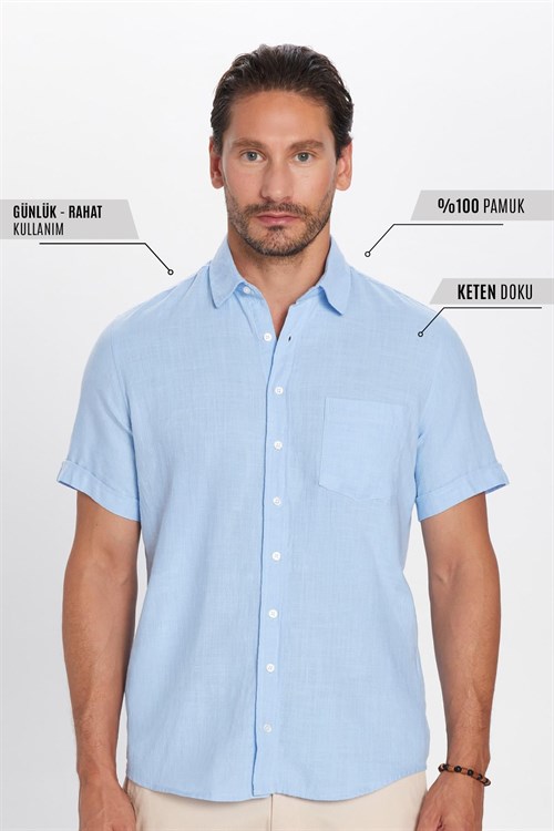 Erkek Regular Fit Klasik Kesim Oversize %100 Pamuk Keten Doku Cepli Mavi Gömlek