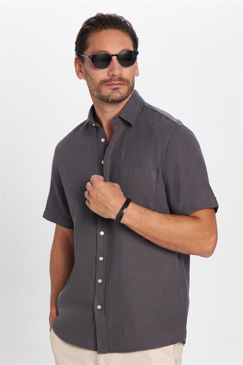 Erkek Regular Fit Klasik Kesim Oversize %100 Pamuk Keten Doku Cepli Gri Gömlek