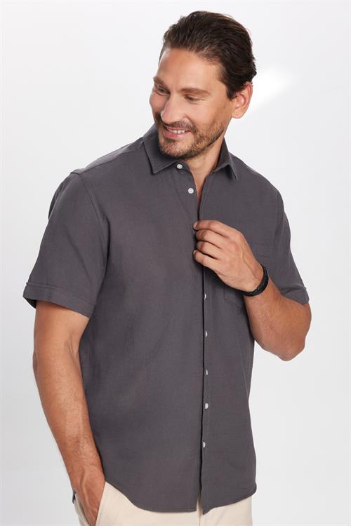 Erkek Regular Fit Klasik Kesim Oversize %100 Pamuk Keten Doku Cepli Gri Gömlek