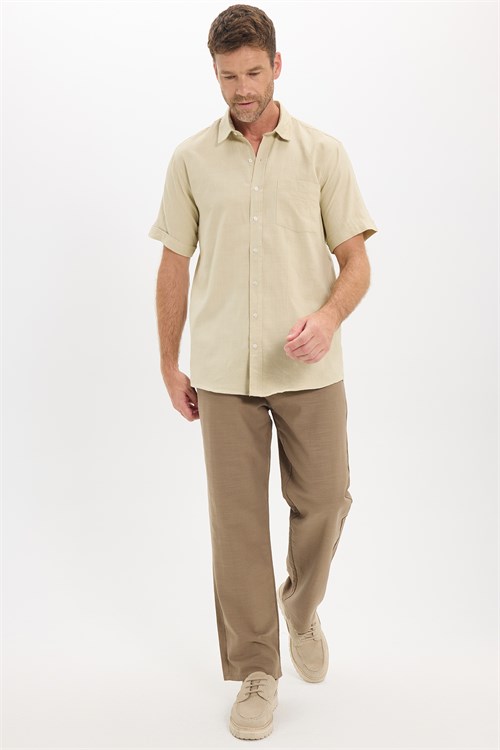 Erkek Regular Fit Klasik Kesim Oversize %100 Pamuk Keten Doku Cepli Taş Renk Gömlek