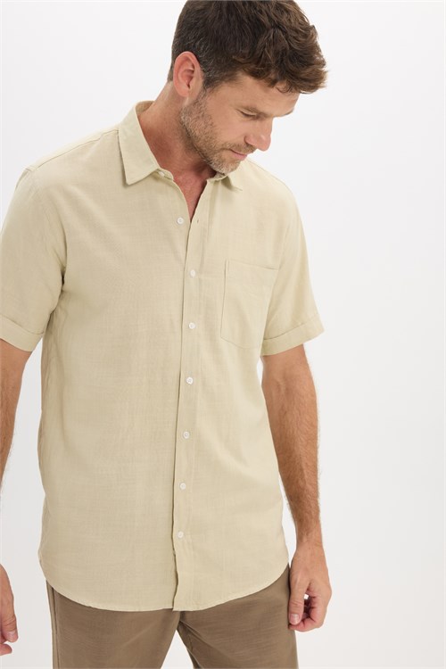Erkek Regular Fit Klasik Kesim Oversize %100 Pamuk Keten Doku Cepli Taş Renk Gömlek