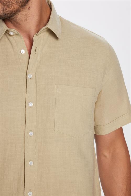 Erkek Regular Fit Klasik Kesim Oversize %100 Pamuk Keten Doku Cepli Taş Renk Gömlek