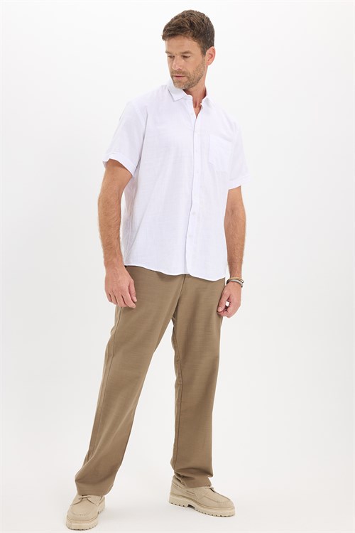 Erkek Regular Fit Klasik Kesim Oversize %100 Pamuk Keten Doku Cepli Beyaz Gömlek