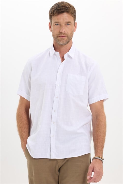 Erkek Regular Fit Klasik Kesim Oversize %100 Pamuk Keten Doku Cepli Beyaz Gömlek