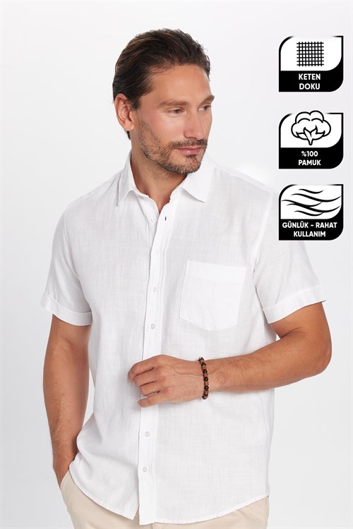 Erkek Regular Fit Klasik Kesim Oversize %100 Pamuk Keten Doku Cepli Beyaz Gömlek