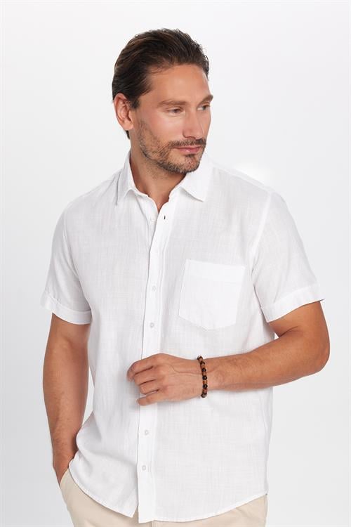 Erkek Regular Fit Klasik Kesim Oversize %100 Pamuk Keten Doku Cepli Beyaz Gömlek