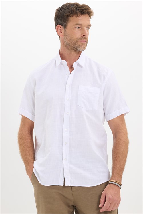 Erkek Regular Fit Klasik Kesim Oversize %100 Pamuk Keten Doku Cepli Beyaz Gömlek