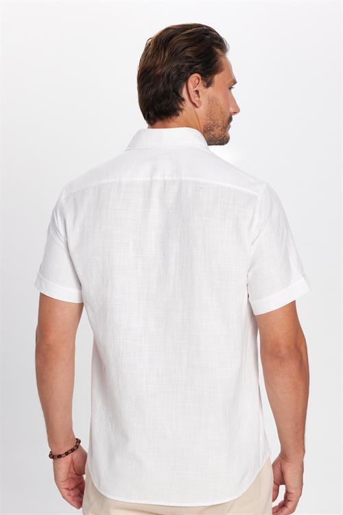 Erkek Regular Fit Klasik Kesim Oversize %100 Pamuk Keten Doku Cepli Beyaz Gömlek