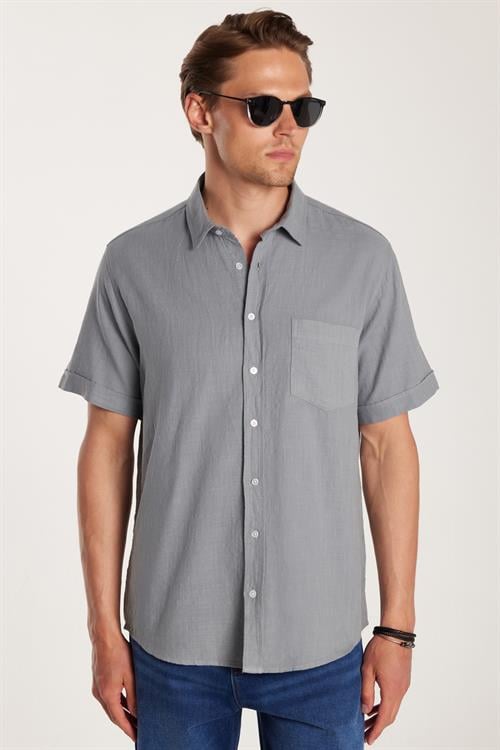 Erkek Regular Fit Klasik Kesim Oversize %100 Pamuk Keten Doku Cepli Gri Gömlek