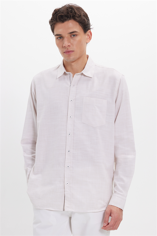 Erkek Regular Fit Klasik Kesim Oversize %100 Pamuk Keten Doku Bej Gömlek
