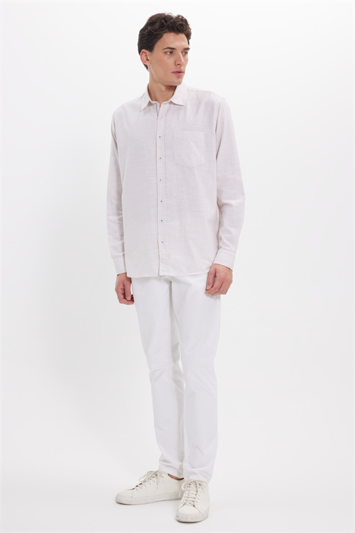 Erkek Regular Fit Klasik Kesim Oversize %100 Pamuk Keten Doku Bej Gömlek