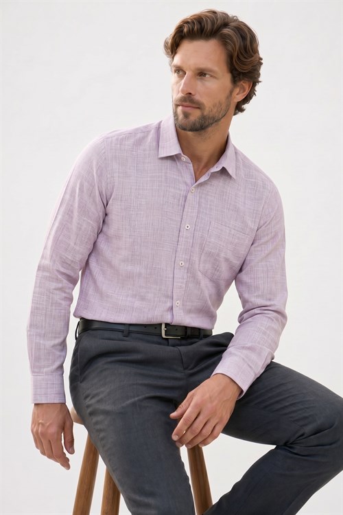 Erkek Regular Fit Klasik Kesim Oversize %100 Pamuk Keten Doku Bordo Gömlek