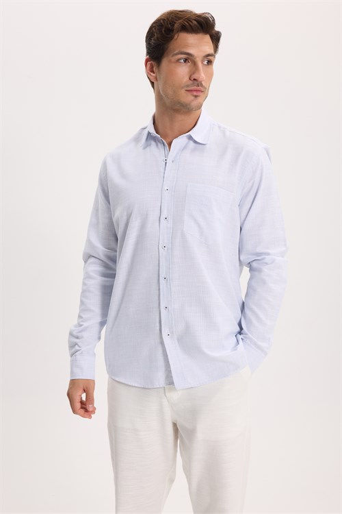 Erkek Regular Fit Klasik Kesim Oversize %100 Pamuk Keten Doku Mavi Gömlek