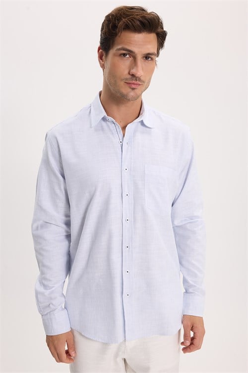 Erkek Regular Fit Klasik Kesim Oversize %100 Pamuk Keten Doku Mavi Gömlek