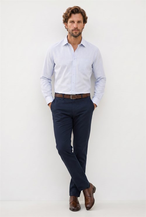 Erkek Regular Fit Klasik Kesim Oversize %100 Pamuk Keten Doku Mavi Gömlek