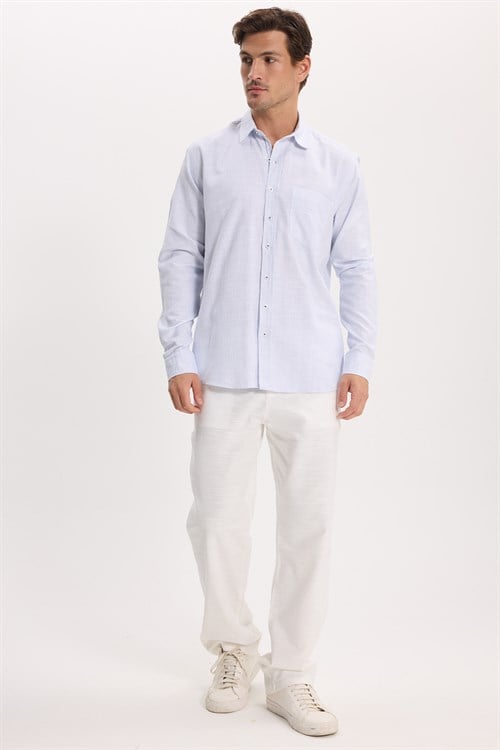 Erkek Regular Fit Klasik Kesim Oversize %100 Pamuk Keten Doku Mavi Gömlek