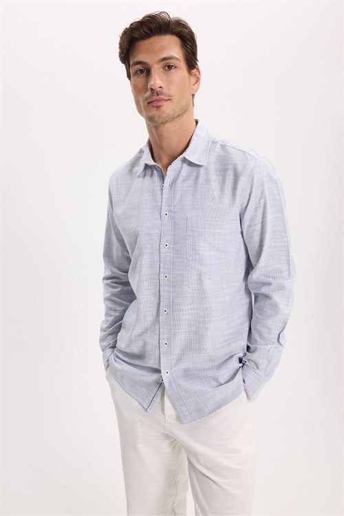 Erkek Regular Fit Klasik Kesim Oversize %100 Pamuk Keten Doku Lacivert Gömlek