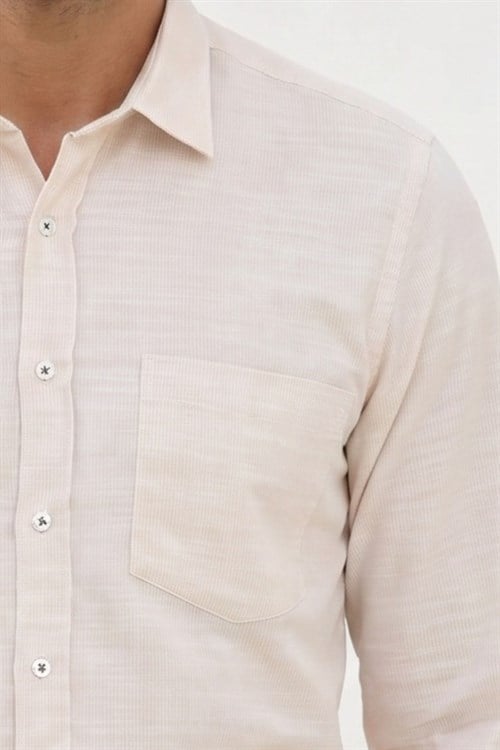 Erkek Regular Fit Klasik Kesim Oversize %100 Pamuk Keten Doku Bej Gömlek