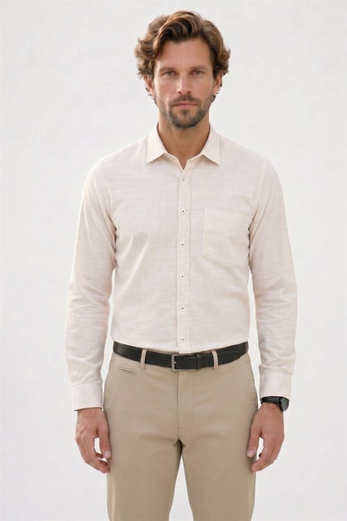 Erkek Regular Fit Klasik Kesim Oversize %100 Pamuk Keten Doku Bej Gömlek