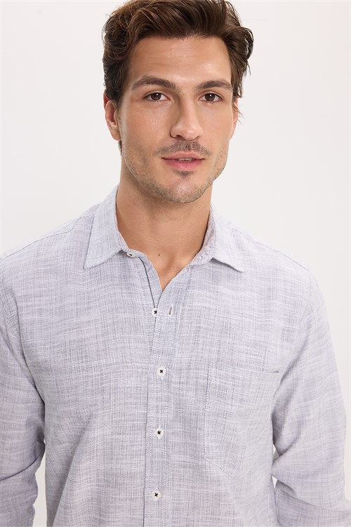 Erkek Regular Fit Klasik Kesim Oversize %100 Pamuk Keten Doku Gri Gömlek