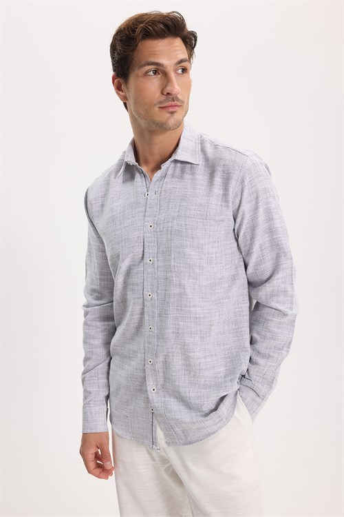 Erkek Regular Fit Klasik Kesim Oversize %100 Pamuk Keten Doku Gri Gömlek