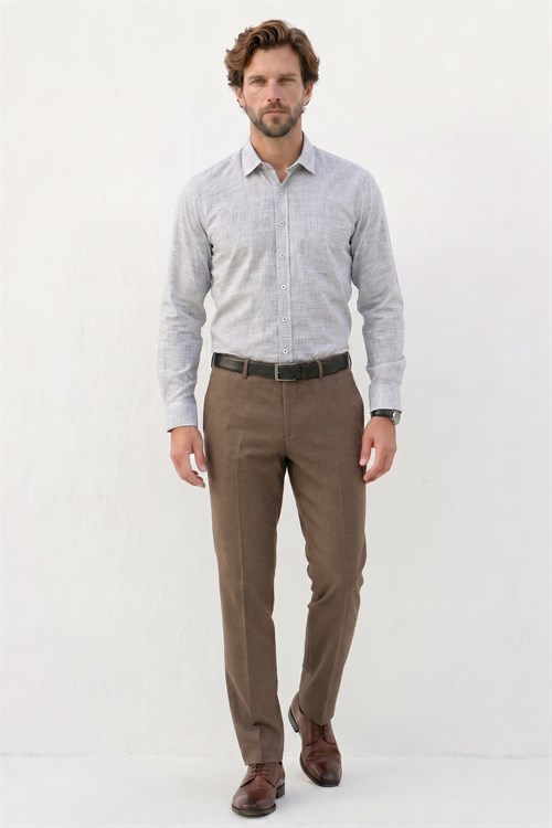 Erkek Regular Fit Klasik Kesim Oversize %100 Pamuk Keten Doku Gri Gömlek