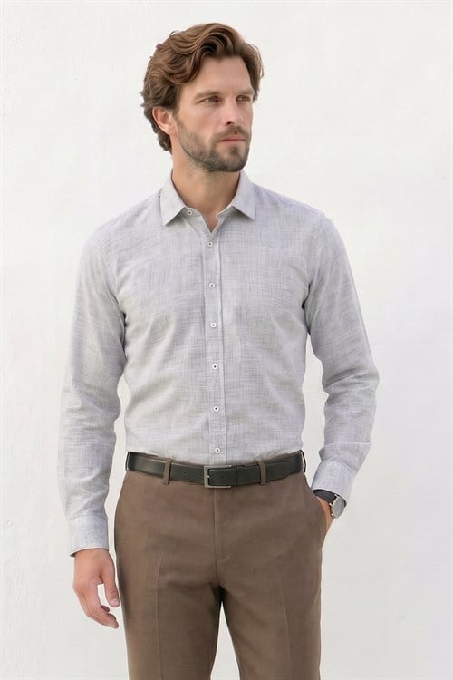 Erkek Regular Fit Klasik Kesim Oversize %100 Pamuk Keten Doku Gri Gömlek