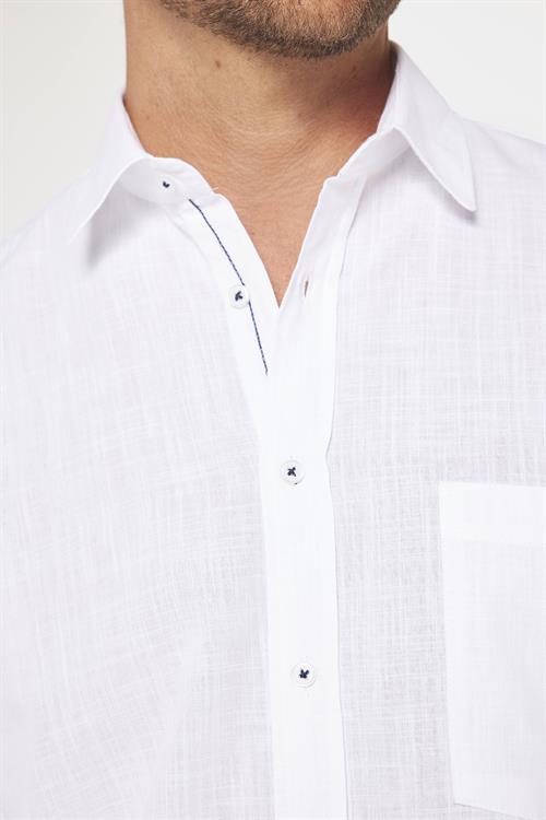 Erkek Regular Fit Klasik Kesim Oversize %100 Pamuk Keten Doku Beyaz Gömlek