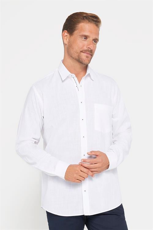 Erkek Regular Fit Klasik Kesim Oversize %100 Pamuk Keten Doku Beyaz Gömlek