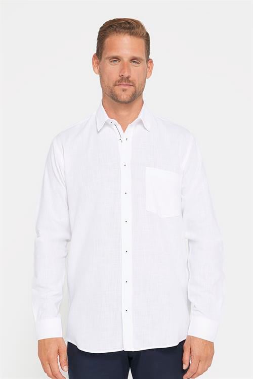 Erkek Regular Fit Klasik Kesim Oversize %100 Pamuk Keten Doku Beyaz Gömlek