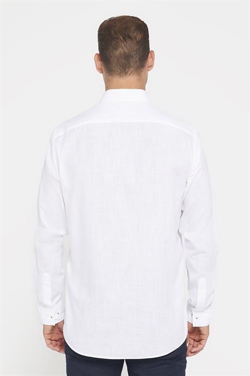 Erkek Regular Fit Klasik Kesim Oversize %100 Pamuk Keten Doku Beyaz Gömlek