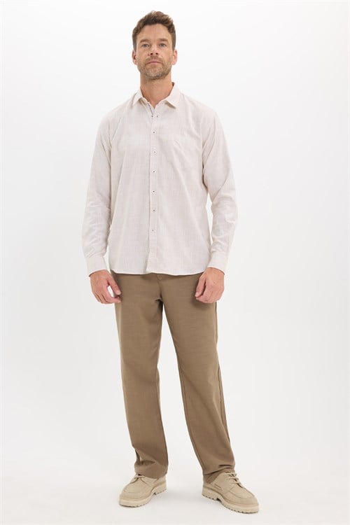 Erkek Regular Fit Klasik Kesim Oversize %100 Pamuk Keten Doku Bej Gömlek