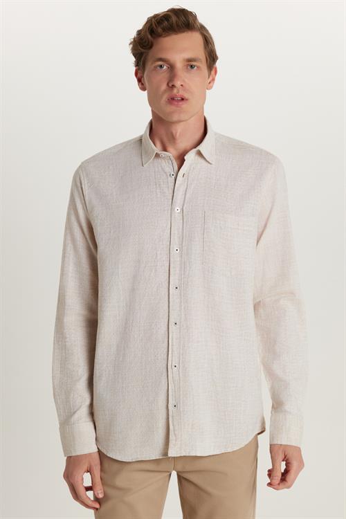 Erkek Regular Fit Klasik Kesim Oversize %100 Pamuk Keten Doku Bej Gömlek