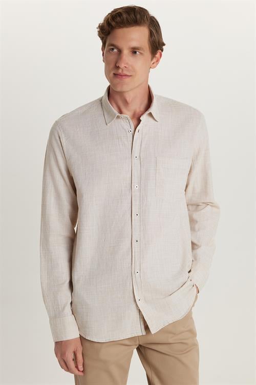 Erkek Regular Fit Klasik Kesim Oversize %100 Pamuk Keten Doku Bej Gömlek