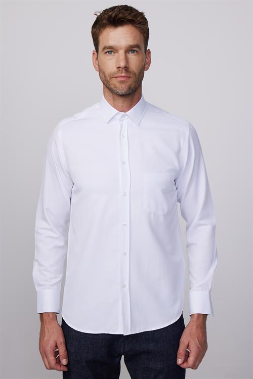 Erkek Regular Fit Klasik Kesim Kravatlık Armürlü Beyaz Gömlek