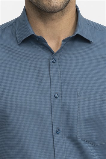 Erkek Regular Fit Klasik Kesim Kravatlık Armürlü Petrol Gömlek 