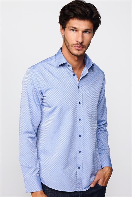 Erkek Regular Fit Klasik Kesim Kravatlık Armürlü İndigo Gömlek