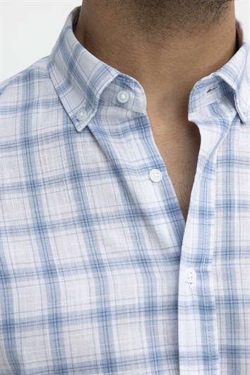 Erkek Regular Fit Klasik Kesim Oversize %100 Pamuk Keten Doku Kareli Düğmeli Yaka Mavi Gömlek