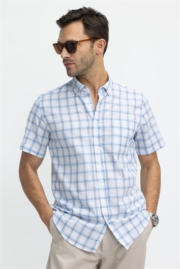 Erkek Regular Fit Klasik Kesim Oversize %100 Pamuk Keten Doku Kareli Düğmeli Yaka Mavi Gömlek