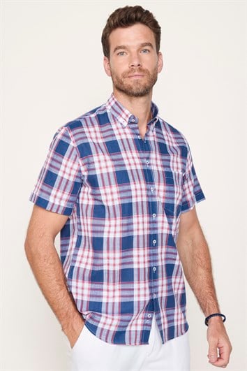 Erkek Regular Fit Klasik Kesim Oversize %100 Pamuk Keten Doku Kareli Düğmeli Yaka Gömlek