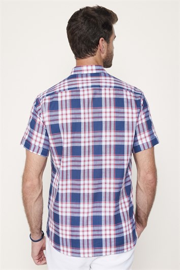 Erkek Regular Fit Klasik Kesim Oversize %100 Pamuk Keten Doku Kareli Düğmeli Yaka Gömlek