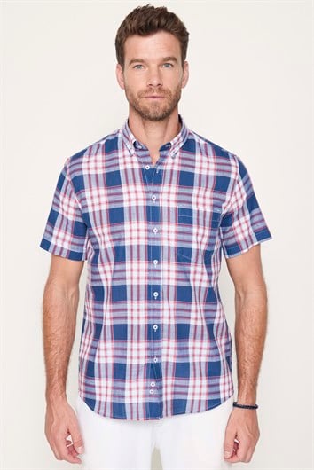 Erkek Regular Fit Klasik Kesim Oversize %100 Pamuk Keten Doku Kareli Düğmeli Yaka Gömlek