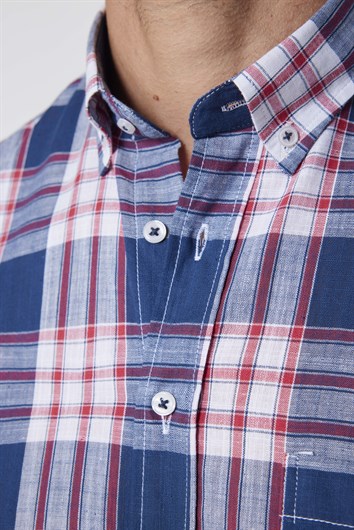 Erkek Regular Fit Klasik Kesim Oversize %100 Pamuk Keten Doku Kareli Düğmeli Yaka Gömlek