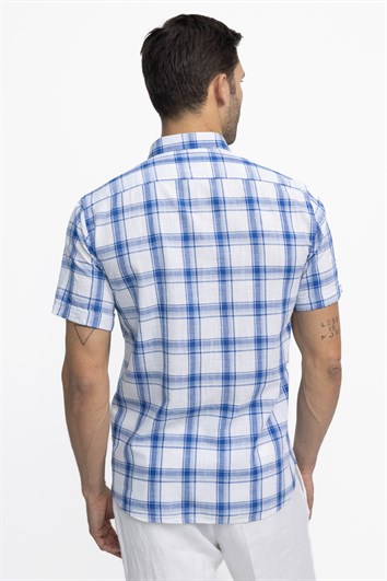 Erkek Regular Fit Klasik Kesim Oversize %100 Pamuk Keten Doku Kareli Düğmeli Yaka Gömlek