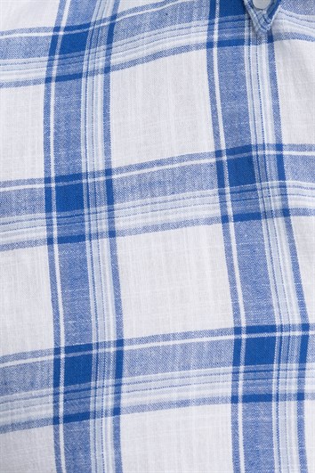 Erkek Regular Fit Klasik Kesim Oversize %100 Pamuk Keten Doku Kareli Düğmeli Yaka Gömlek