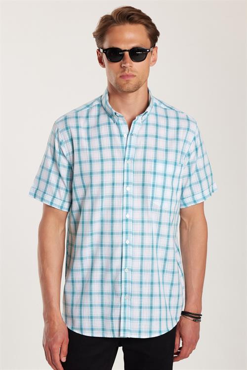 Erkek Regular Fit Klasik Kesim Oversize %100 Pamuk Keten Doku Kareli Düğmeli Yaka Beyaz Gömlek