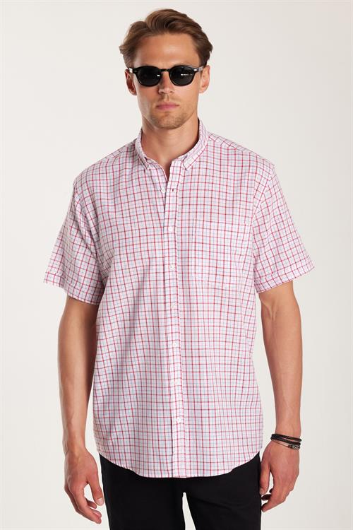 Erkek Regular Fit Klasik Kesim Oversize %100 Pamuk Keten Doku Kareli Düğmeli Yaka Beyaz Gömlek